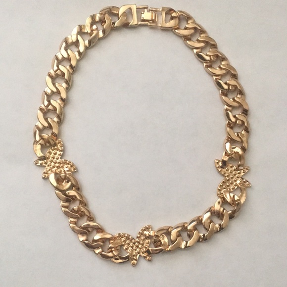 24K Gold Plated Butterfly Cuban Chain Link Choker Necklace - Picture 4 of 7